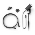 Spot sur piquet noir cylindrique avec câble, connecteur et piquet de fixation pour éclairage extérieur