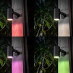 Spot extérieur noir cylindrique monté sur support mural, projecteur LED à éclairage blanc et couleurs variables