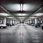 Réglette étanche LED au plafond d'un parking, tube linéaire blanc pour éclairage uniforme