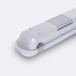 Réglette LED blanche, boîtier plastique étanche, diffuseur opalin, clips métalliques de fixation