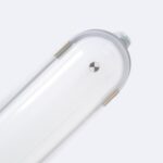 Réglette étanche LED transparente avec diffuseur blanc, embout gris et clips de fixation métalliques