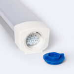 Réglette LED étanche blanche, embout avec connecteur et passe-câble bleu