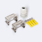 Accessoires de fixation pour réglette LED : deux supports métalliques, presse-étoupe blanc et quatre chevilles jaunes avec vis