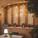 Rideau de guirlandes LED noir suspendu à une fenêtre extérieure, lumières blanc chaud