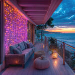 Rideau lumineux LED extérieur rose et violet suspendu sur terrasse, guirlande alimentée par piles