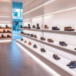 Ruban LED blanc neutre installé sous étagères de magasin, éclairage linéaire discret