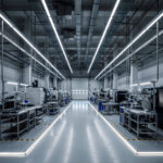 Ruban LED linéaire blanc neutre, monté en lignes au plafond et en bordure de sol, éclairage industriel