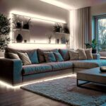 Ruban LED blanc chaud pour éclairage indirect, posé sous canapé et sur étagères