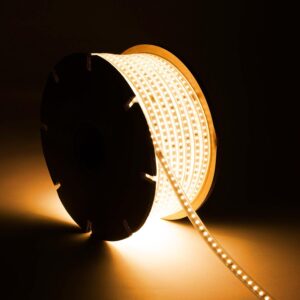 Ruban LED Dimmable 220V SMD 120 LED/m BOBINE 50m 8.5W/m 850lm/m Largeur 12mm Coupe 20cm IP65 Blanc chaud 2700K