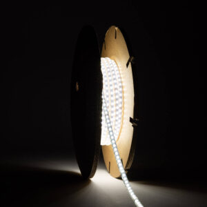 Ruban LED Dimmable 220V SMD Auto-redressement 120 LED/m BOBINE 20m 12W/m 1080lm/m Super Étroite Largeur 6.5mm Coupe 10cm IP65 Blanc froid 6000K