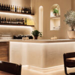 Ruban LED flexible installé sous comptoir et étagères, éclairage linéaire intégré