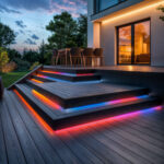 Ruban LED extérieur RGB monté sous les marches de terrasse, éclairage linéaire coloré