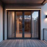 Ruban LED extérieur blanc chaud installé en bande encastrée au-dessus de portes-fenêtres coulissantes