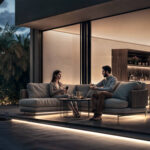 Ruban LED extérieur blanc chaud installé le long de la terrasse et sous le canapé