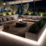 Ruban LED extérieur blanc neutre, installé en bandeau périphérique sous banc et au sol