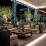 Ruban LED néon extérieur blanc neutre semi-circulaire, éclairage indirect encastré plafond et plinthe dans espace lounge