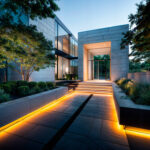 Ruban LED néon orange encastré le long de l'allée et des marches extérieures