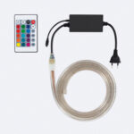 Ruban LED RGB en gaine silicone transparente avec boîtier d'alimentation, prise 220V et télécommande IR