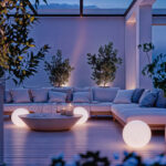 Lampe sphérique LED blanche posée au sol, lumière diffuse pour éclairage extérieur