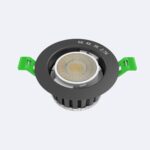 Spot encastrable LED rond gris foncé avec clips de fixation verts et module COB apparent