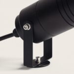 Spot extérieur orientable noir en aluminium, corps cylindrique et support de fixation sur piquet avec câble