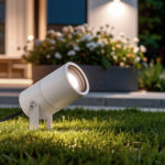 Spot extérieur GU10 blanc sur piquet orientable, corps cylindrique installé dans la pelouse