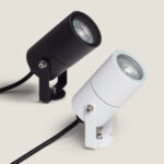 Spot extérieur GU10 cylindrique orientable noir et blanc, boîtier métal mat, fixation sur piquet