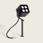 Spot extérieur noir carré à quatre LED sur piquet, câble électrique apparent, support orientable