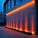 Spot extérieur au sol LED RGB orange, faisceau orientable créant colonnes lumineuses sur mur