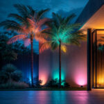 Spot extérieur sur piquet LED RGB éclairant palmiers et mur en couleurs