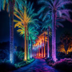 Spot extérieur sur piquet illuminant des palmiers en couleurs vives