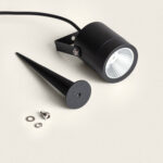 Spot extérieur LED noir cylindrique sur piquet avec support réglable, câble et vis de fixation