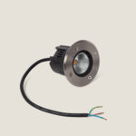 Spot encastrable au sol LED rond, flasque acier inoxydable brossé, corps noir et câble avec fils dénudés