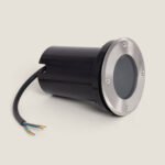 Spot encastrable rond inox, corps noir cylindrique, verre central et anneau inox brossé