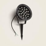 Spot LED rond noir sur piquet avec fixation orientable et câble électrique apparent
