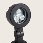 Spot LED extérieur noir, tête ronde à 3 LEDs avec support articulé sur piquet