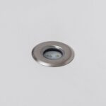 Spot encastrable au sol rond, bague inox brossé, deux LED visibles, finition affleurante