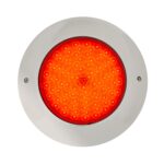 Spot LED piscine rond inox, éclairage rouge, montage en saillie avec vis visibles