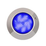 Spot LED piscine inox rond, lumière bleue, verre circulaire et boîtier en saillie