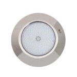Spot LED piscine inox rond saillie, anneau poli, diffuseur transparent avec nombreuses LED visibles