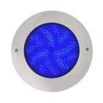 Spot LED piscine rond en inox, éclairage bleu, leds en spirale, bordure avec vis apparentes