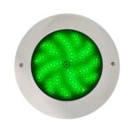 Spot LED piscine rond inox en saillie, lumière verte