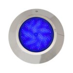 Spot LED piscine rond inox poli, lumière bleue, montage en saillie