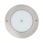 Spot LED piscine en saillie rond inox, matrice LED blanche visible, anneau avec vis de fixation