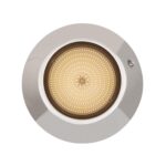 Spot LED inox rond, éclairage chaud, finition polie, montage en saillie visible