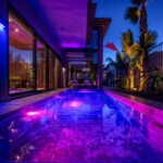 Spot LED piscine submersible RGB violet visible sous l'eau le long d'une piscine extérieure