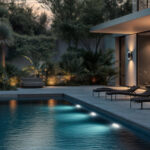 Spot LED submersible rond, éclairage bleu, montage encastré sur paroi de piscine, finition métallique