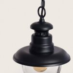Suspension extérieure noire en aluminium, abat-jour rond métal mat avec globe en verre, fixation par chaîne