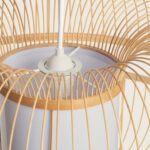Suspension en bambou naturel avec abat-jour cylindrique blanc, structure cage fine et câble de suspension
