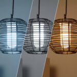 Suspension extérieure sphérique, structure ajourée en métal noir avec ampoule visible